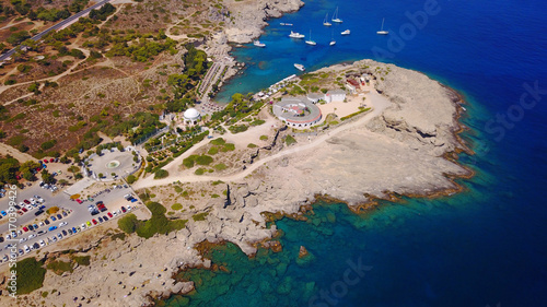 August 2017: Aerial drone photo of famous public spirngs of Kalithea in a fully restored state, Rodos island, Aegean, Dodecanese, Greece photo