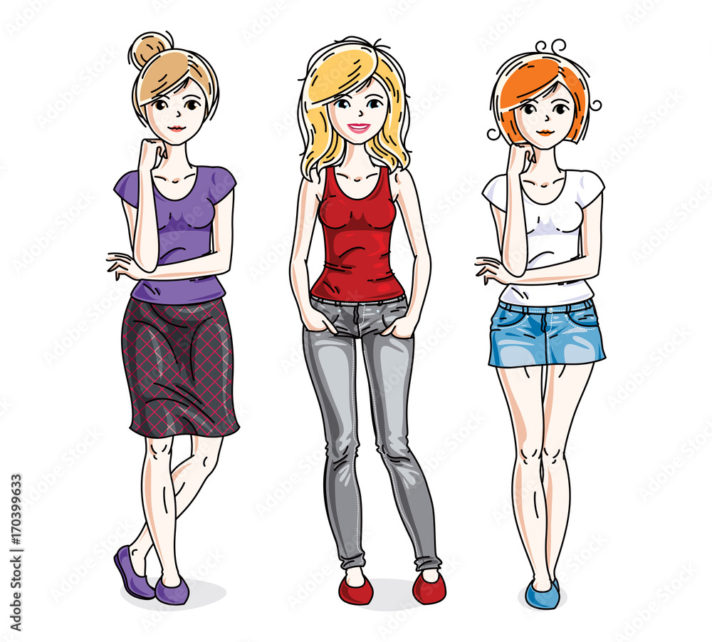 Happy cute young adult girls standing wearing fashionable casual clothes. Vector diversity people illustrations set. Fashion and lifestyle theme cartoons. Happy cute young adult girls standing wearing fashionable casual clothes. Vector diversity people illustrations set. Fashion and lifestyle theme cartoons.