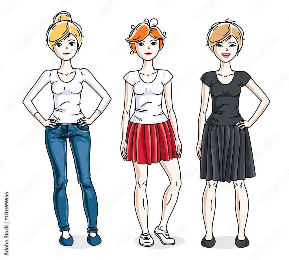 Attractive young adult girls female group standing wearing fashionable casual clothes. Vector set of beautiful people illustrations. Attractive young adult girls female group standing wearing fashionable casual clothes. Vector set of beautiful people illustrations.