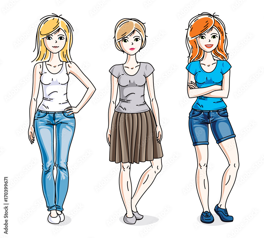 Attractive young adult girls female group standing wearing fashionable casual clothes. Vector set of beautiful people illustrations. Attractive young adult girls female group standing wearing fashionable casual clothes. Vector set of beautiful people illustrations.