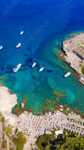 August 2017: Aerial drone photo of famous public spirngs of Kalithea in a fully restored state, Rodos island, Aegean, Dodecanese, Greece