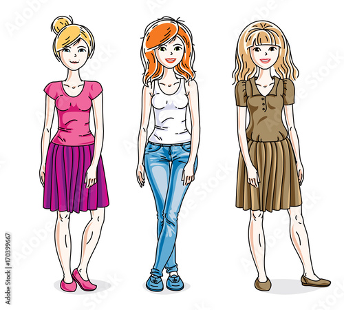 Attractive young adult girls female group standing wearing fashionable casual clothes. Vector set of beautiful people illustrations. Fashion and lifestyle theme cartoons.