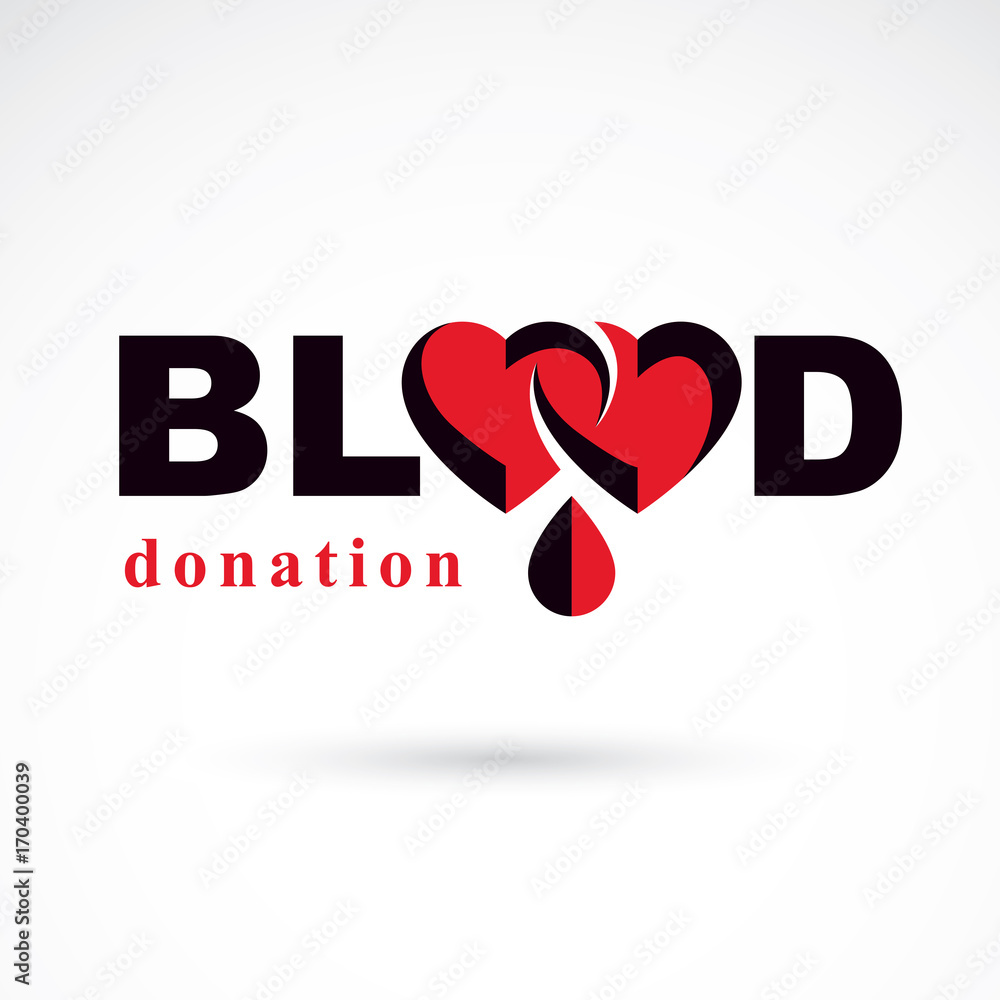 Blood donation metaphor, heart shape and blood drops. Medical theme vector graphic symbol.