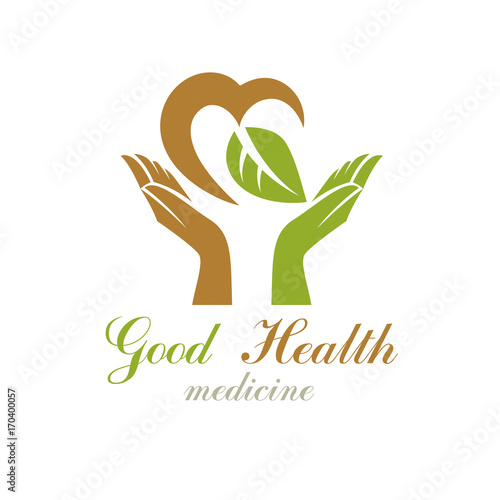 Caring hands holding heart, vector graphic symbol. Homeopathy creative logo. Charity and volunteer concept.