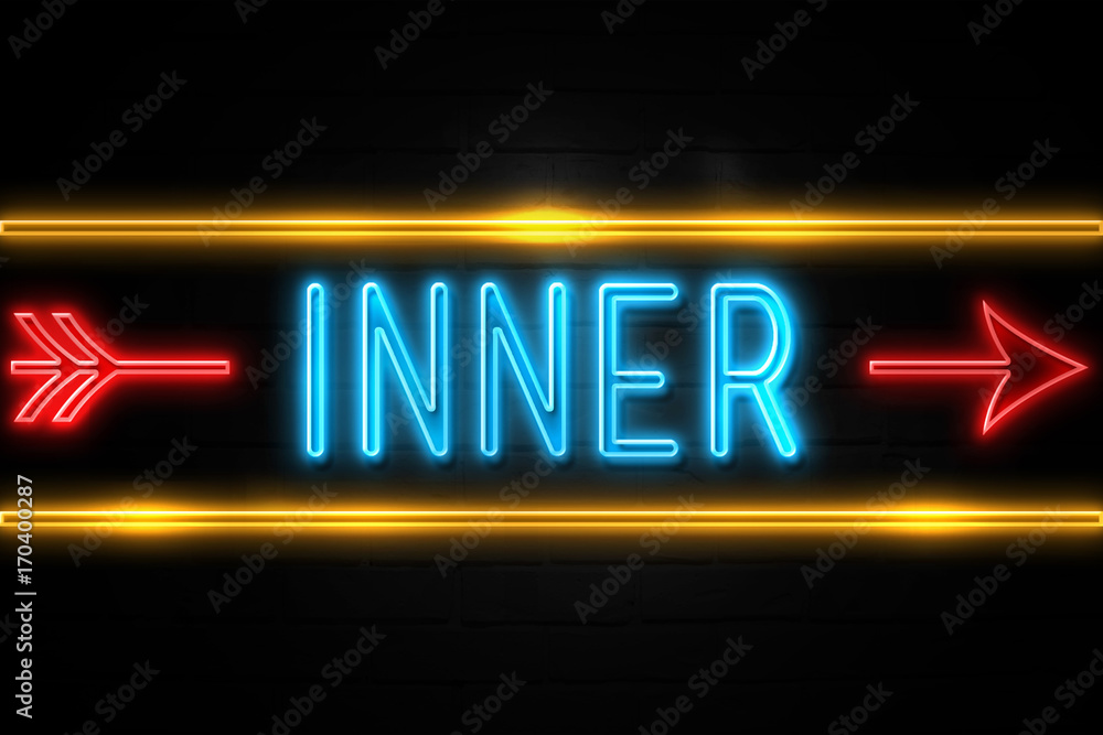 Inner - fluorescent Neon Sign on brickwall Front view Inner - fluorescent Neon Sign on brickwall Front view