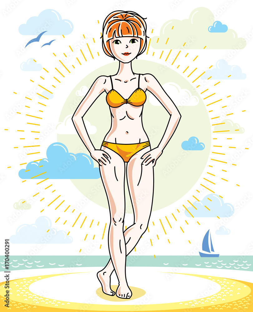Happy pretty young red-haired woman standing on tropical beach and wearing swimming suit. Vector character. Summer holidays theme.