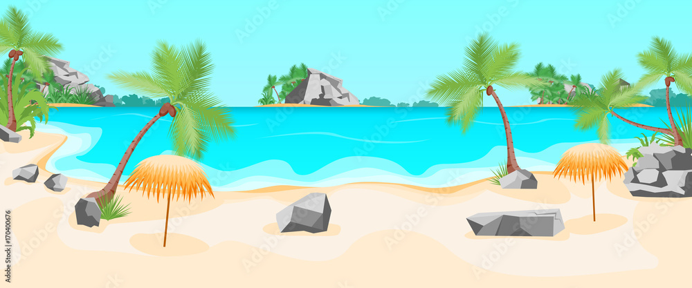 Cartoon Tropical Beach Summer Landscape Background. Vector