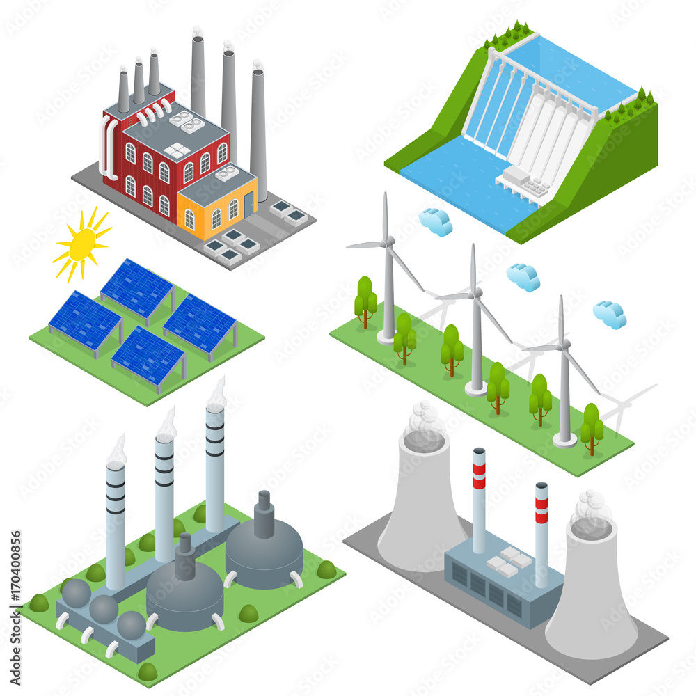 Renewable Resources and Traditional Energy Power Station Set Isometric View. Vector