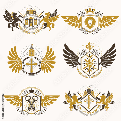 Heraldic vector signs decorated with vintage elements  monarch crowns  religious crosses  armory and animals. Set of classy symbolic graphic insignias with bird wings.