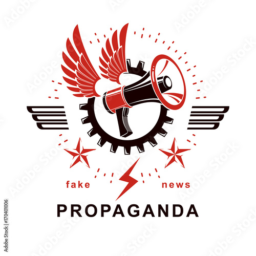 Decorative vector emblem composed with winged loudspeaker and gear symbol. Social revolution concept, working class protest.