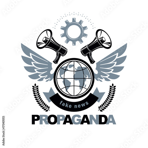 Advertising leaflet composed with loudspeakers and Earth globe surrounded by engineering cog wheel. Proletarian revolution abstract vector illustration. Power of global information.