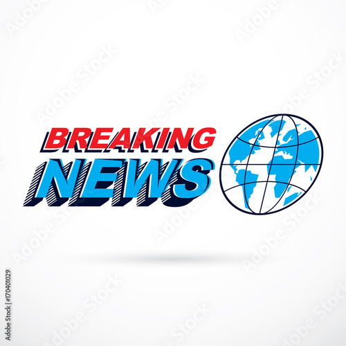 Breaking international news concept, blue Earth divided with meridians vector logo.