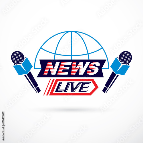 Social telecommunication theme vector emblem created with blue Earth planet illustration divided with meridians, with microphones and live news inscription. Press conference.