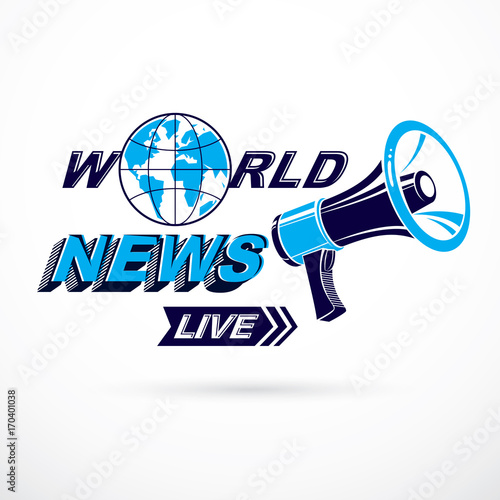 Public information campaign idea vector poster, world live news writing composed using megaphone equipment.