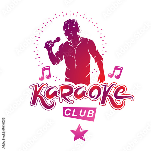Vector illustration of content man singing, soloist holds a microphone in hand. Karaoke club, feel yourself famous superstar.
