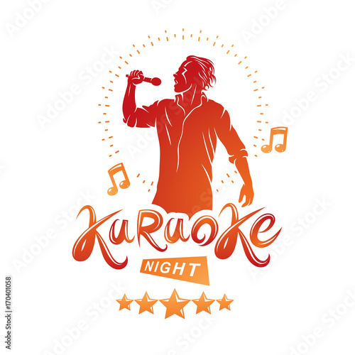 Karaoke night and nightclub discotheque vector invitation poster created with musical notes, stars and soloist singing and holding a microphone in hand.