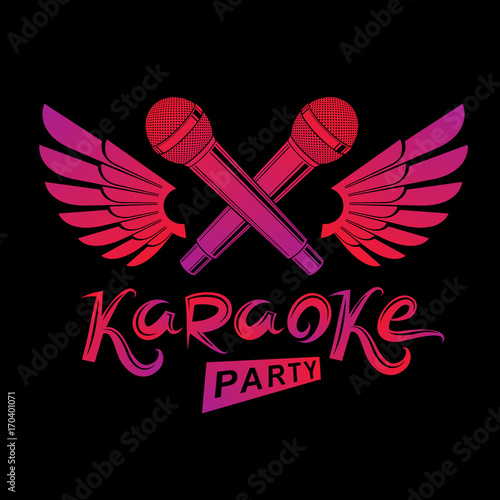 Stage microphone audio equipment created using bird wings, live music concert vector invitation emblem. Music and art makes you free, karaoke party lettering.
