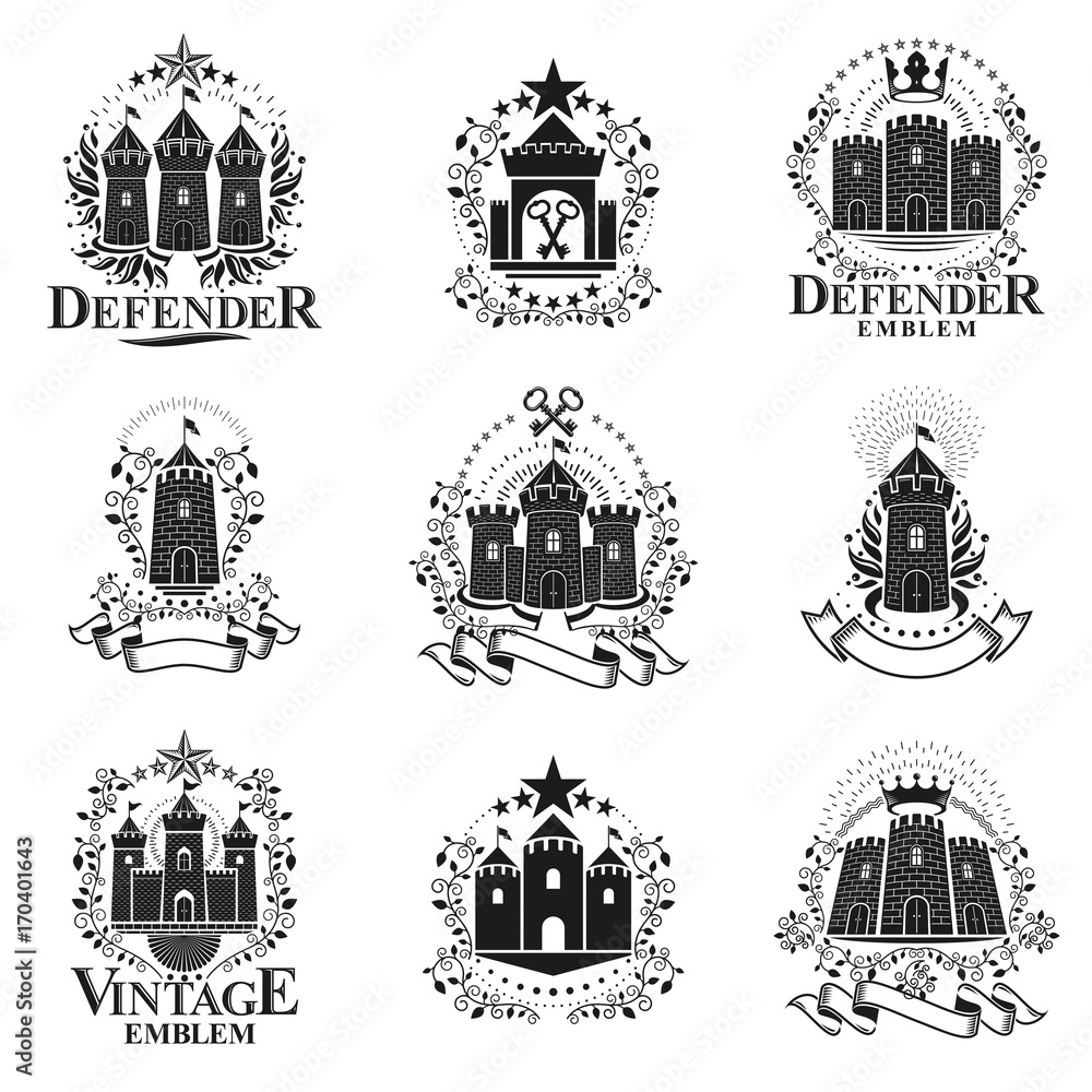 Ancient Forts emblems set. Heraldic Coat of Arms decorative logos isolated vector illustrations collection.