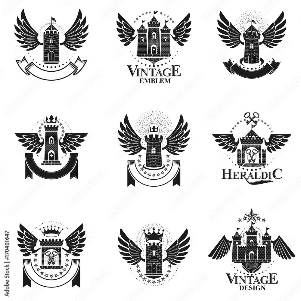 Ancient Forts emblems set. Heraldic Coat of Arms decorative logos isolated vector illustrations collection. Ancient Forts emblems set. Heraldic Coat of Arms decorative logos isolated vector illustrations collection.
