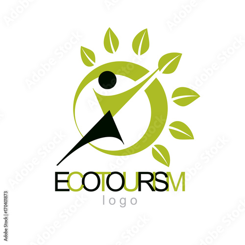 Vector illustration of excited abstract  man with raised reaching up. Ecotourism conceptual logo. Environmental conservation theme symbol.