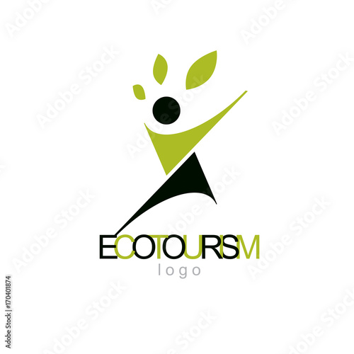 Vector illustration of excited abstract  man with raised reaching up. Ecotourism conceptual logo. Environmental conservation theme logotype. Green tourism symbol.