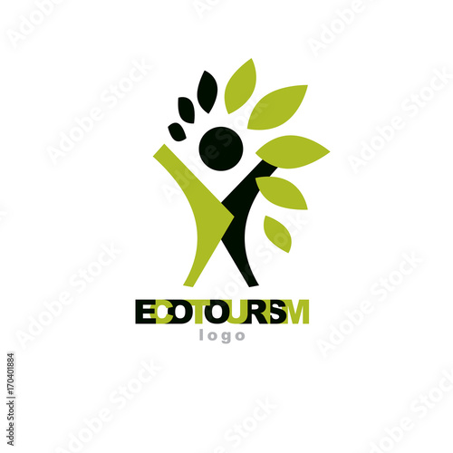 Vector illustration of happy abstract individual with raised hands up. Ecotourism conceptual logo. Environmental conservation theme symbol.