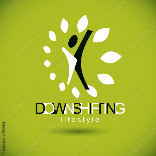 Vector illustration of excited abstract person with raised hands up. Downshifting concept logo. Vegetarian theme symbol. Green ecology metaphor.