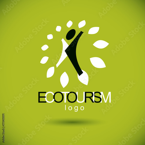 Vector illustration of excited abstract person with raised hands up. Ecotourism conceptual logo. Environmental conservation theme symbol.