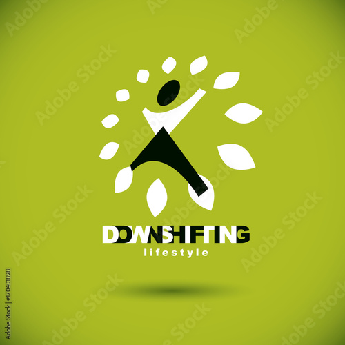 Vector illustration of excited abstract person with raised hands up. Downshifting concept logo. Wellness and harmony symbol. Wanderlust and countryside vacation icon.
