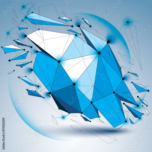 Abstract 3d faceted radiance blue figure with connected black lines and dots. Vector low poly shattered design element with fragments and particles. Explosion effect, lens circles.