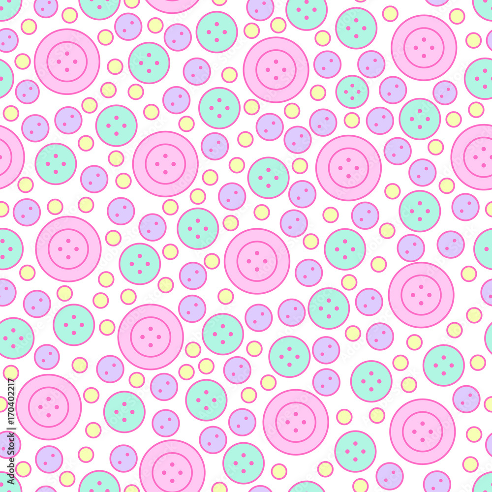 Sewing seamless pattern with buttons. Cute vector flat line illustration of hand made equipment. Colored background for tailor store.
