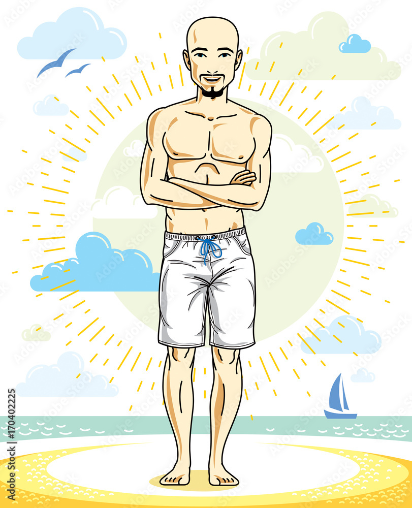 Handsome bald adult man with stylish beard and mustaches standing on tropical beach in bright shorts. Vector nice and sporty man illustration. Summertime theme clipart.