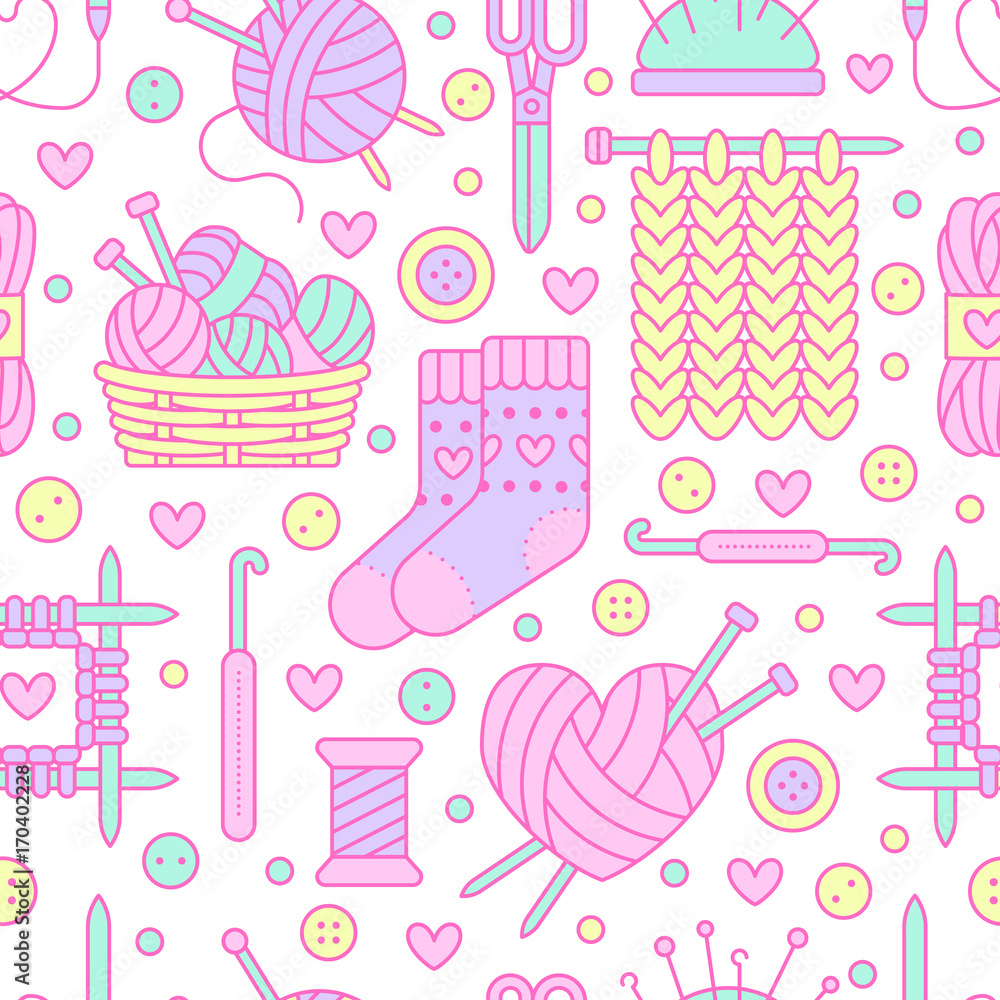 Knitting, crochet seamless pattern. Cute vector flat line illustration of hand made equipment knitting needle, hook, wool, cotton skeins. Colored background for yarn tailor store. Knitted with love. Knitting, crochet seamless pattern. Cute vector flat line illustration of hand made equipment knitting needle, hook, wool, cotton skeins. Colored background for yarn tailor store. Knitted with love.