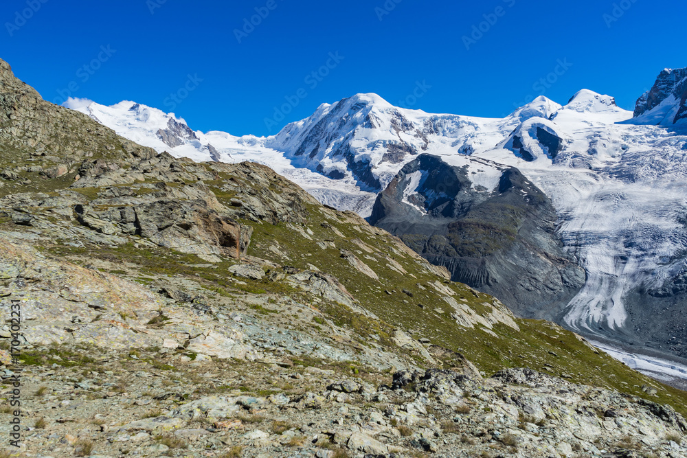 Monte Rosa and Lyskamm, Castore and Pollux near Gornergrat glacier, Swiss Alps, Switzerland