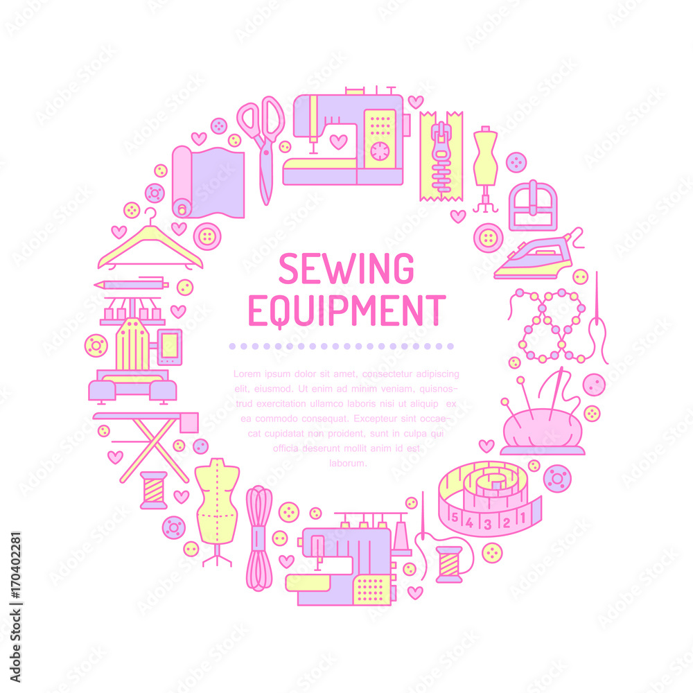 Sewing equipment, hand made supplies banner illustration. Vector line icon needlework accessories - sewing machine, fabric, pin, iron, hanger, DIY tools. Tailor store template with place for text.