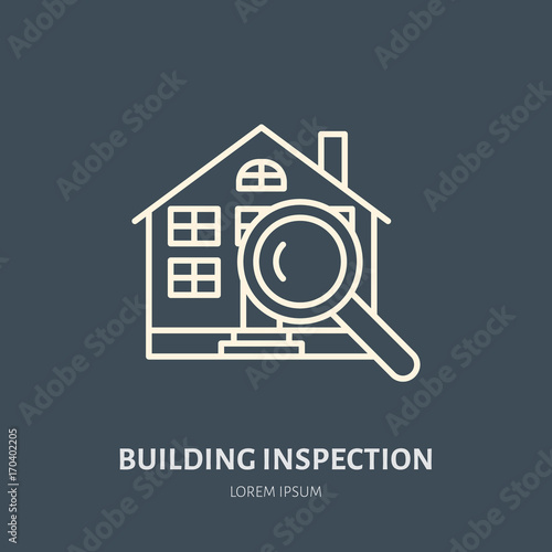 House inspection vector flat line icon. Real estate logo. Illustration of building under glass. Engineering survey service sign.