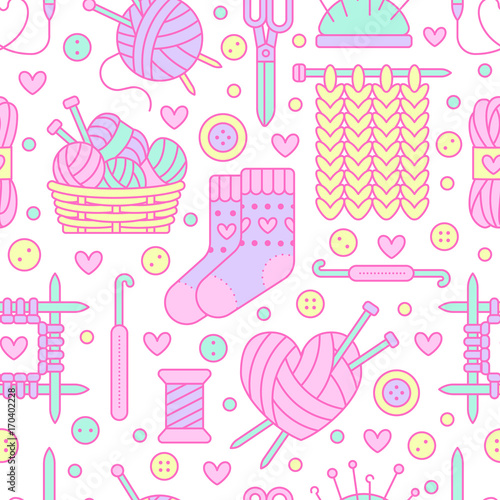 Knitting, crochet seamless pattern. Cute vector flat line illustration of hand made equipment knitting needle, hook, wool, cotton skeins. Colored background for yarn tailor store. Knitted with love.
