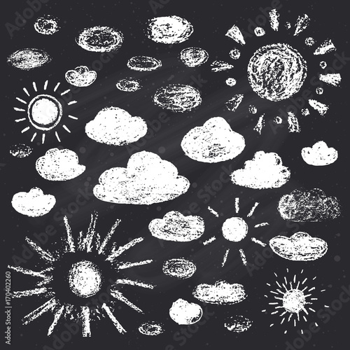 Chalk drawn sun and clouds on chalkboard. Vector illustration.