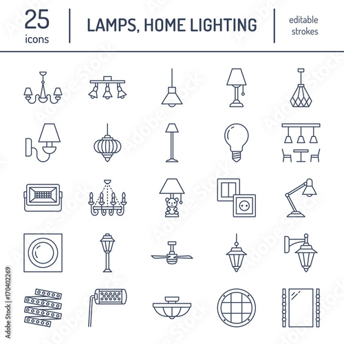 Light fixture, lamps flat line icons. Home and outdoor lighting equipment - chandelier, wall sconce, desk lamp, light bulb, power socket. Vector illustration, signs for electric, interior store.