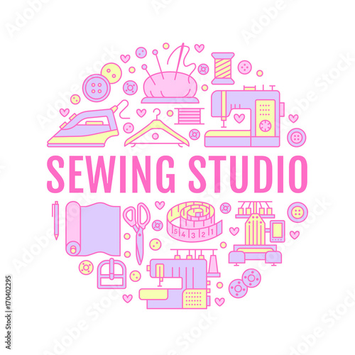 Clothing repair  sewing studio equipment banner illustration. Vector line icon of tailor store services - dressmaking  dress  garment sewing. Clothes atelier circle template with place for text.