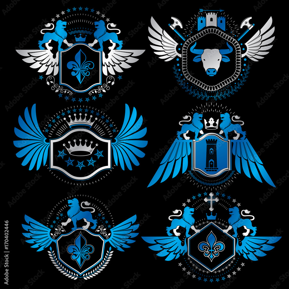 Naklejka premium Vector classy heraldic Coat of Arms. Collection of blazons stylized in vintage design and created with graphic elements, royal crowns and flags, stars, towers, armory, religious crosses.