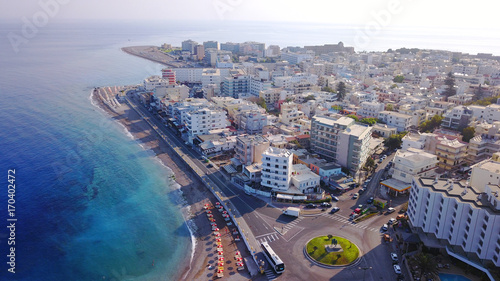 August 2017: Aerial drone photo of Rodos town peninsula with famous resorts and turquoise clear waters, Rhodes island, Aegean, Dodecanese, Greece