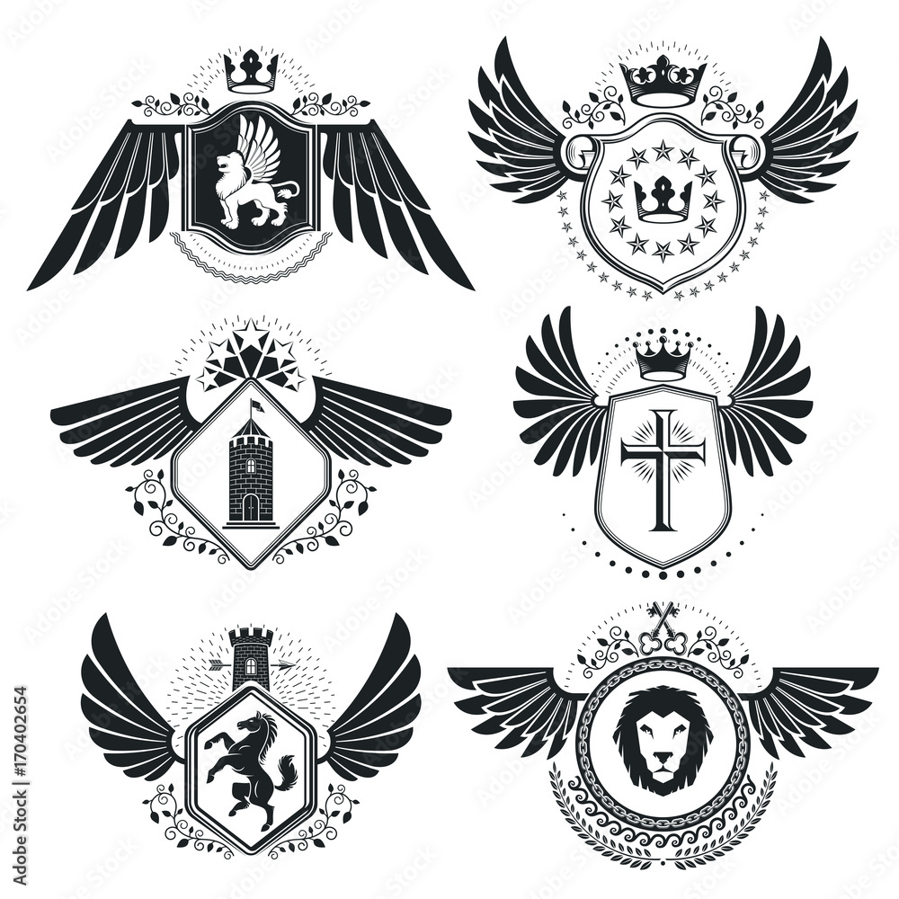 Vector emblems, vintage heraldic designs. Coat of Arms collection, vector set.