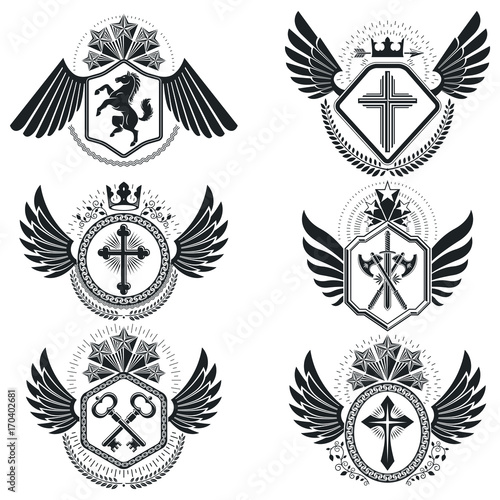 Vector emblems, vintage heraldic designs. Coat of Arms collection, vector set.