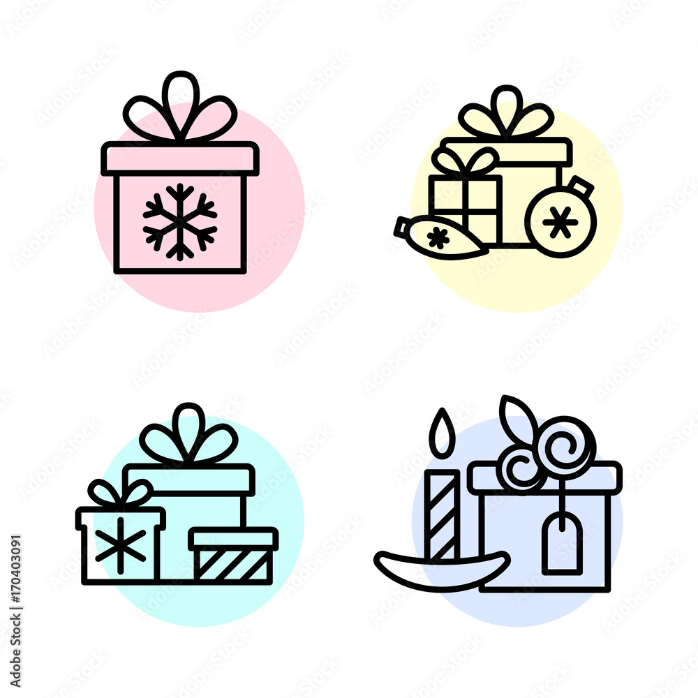 Set of 4 winter gift box icons with snowflakes. Editable strokes. Vector illustration. Set of 4 winter gift box icons with snowflakes. Editable strokes. Vector illustration.