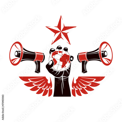 Decorative vector emblem composed with muscular raised clenched fist holding globe, liberty wings and megaphones. Politics and authority as the components of propaganda.