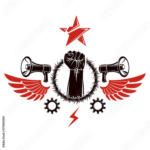 Vector emblem composed with muscular raised clenched fist surrounded with thorn wreath, bird wings and loudspeakers. No limits and restrictions conceptual emblem.