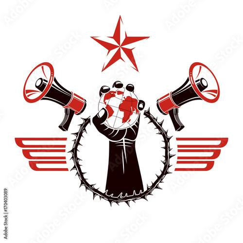 Decorative vector emblem composed with muscular raised clenched fist holding globe, crown of thorns and megaphones. Global authority as the means of political and social influence.