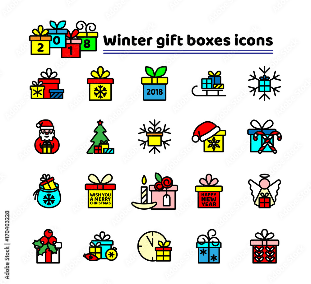 Set of color line icons. Winter gift boxes. Christmas and New Year holidays symbols with packing box. Snowflake, tree, angel, Santa Claus, 2018, inscriptions etc. Vector illustration.