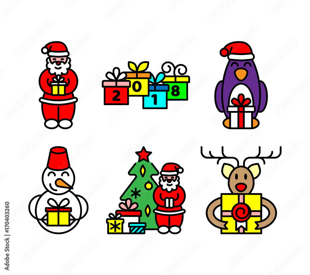 Set of color line icon style pictures. Winter Christmas and New Year holidays characters with gift box. Santa Claus, snowman, penguin, deer, christmas tree. Vector illustration. Set of color line icon style pictures. Winter Christmas and New Year holidays characters with gift box. Santa Claus, snowman, penguin, deer, christmas tree. Vector illustration.